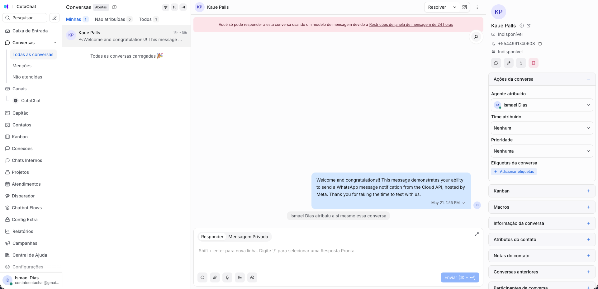 Interface da CotaChat — caixa de entrada de conversas em tempo real
